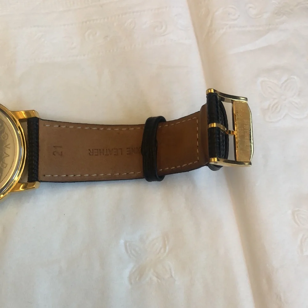 Movado Leather Watch - Grained Black Leather with Gold